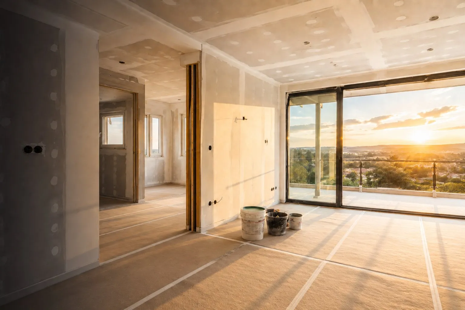 Pièce en cours de rénovation : cloisons plâtrées, plafond fini et grande baie vitrée ouverte sur un paysage au coucher du soleil.